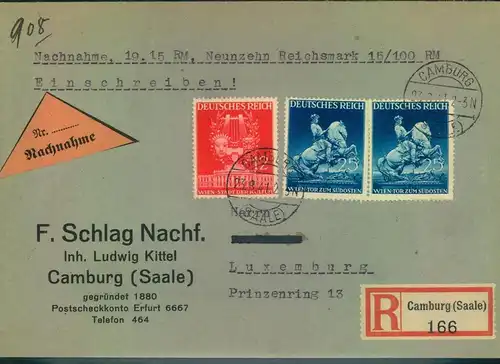 1941, Einschreiben per Nachnahme ab CAMBURG (SAALE) nach Luxemburg