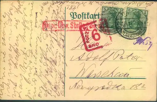 1917, POLEN: Karte aus Berlin-Wilmersdorf nach Warschau mit Zensur und rotem "6 Groszy! Zustellgebührstempel