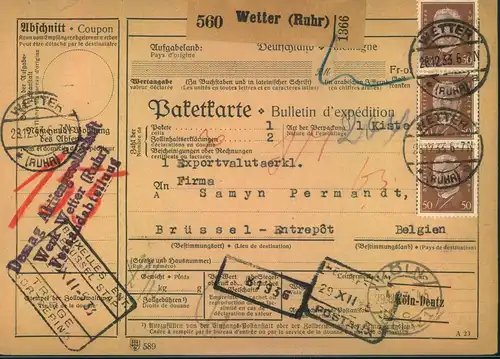 1933, Paketkarte ab "WETTER (RUHR)" nach Belgien, in Kabinetterhaltung