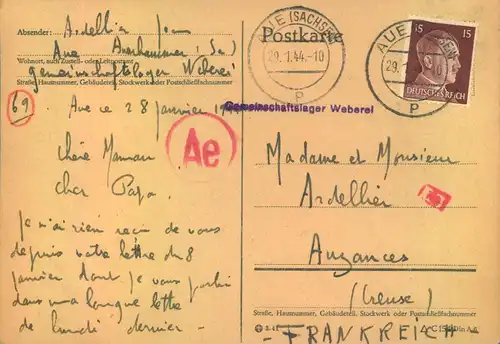 1944, Postkarte aus dem "Gemeinschaftlager Weberei" in AUE (SACHSEN)