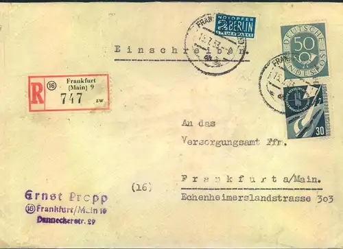 1953, Ortseinschreiben in FRANKFURT (MAIN) mit guter Frankatur. R.Zettel mit PLZ (16)