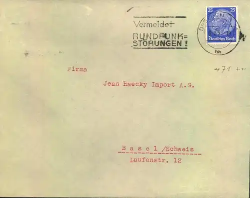 1933, Auslandsbrief ab DRESDEN mit 25 Pfg. Hindenburg Wz. 2 nach Basel