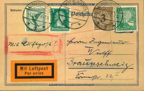 1927, Luftpostkarts (Bedarf) ab MARKNEUKIRCHEN nach Braunschweig mit Bestätigungsstempel. Seltene 18 Pfg. Frankatur!