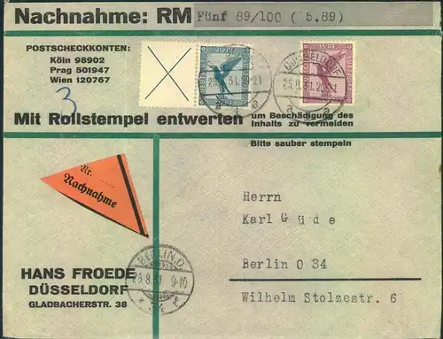 1931, Nachnahmebrief mit Luftpost-Zusammendruck "X / 20" und 15 Pfg. Einzelwert ab DÜSSELDORF