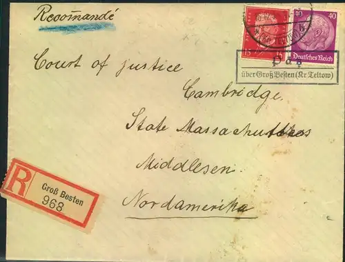 1934, Einschreiben mit Poststellenstempel "Pätz über Groß-Besten (kr. Teltow)" nach USA