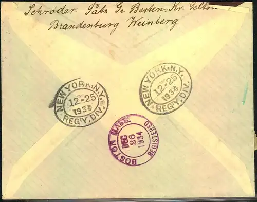 1934, Einschreiben mit Poststellenstempel "Pätz über Groß-Besten (kr. Teltow)" nach USA