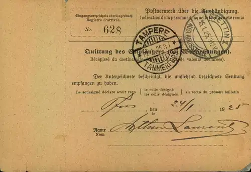 1925, Paketkarte mit "Gebühr bezahlt" Oval nach Finnland