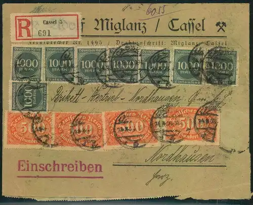 1923, ab "CASSEL 5" mit Massenfrankatur rückseitig.