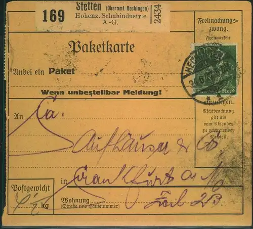 1922, Paketkarte Paketkarte ab "STETTEN Oberamt Hechingen"