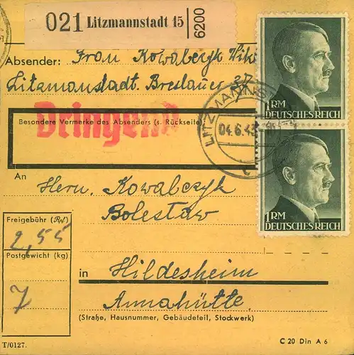 1943, Paketkarte aus dem Ghetto LITZMANNSTADT an Zwangsarbeiter in der Annahütte in Hildesheim