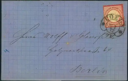 1872, "COELN". Hufeisenstempel, klarer Abschlag auf Faltbrief mit 1 Gr. kleiner Schild