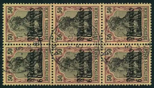 1906, 60 C. auf 50 Pfg. Germania, Aufdruck "Marocco" im 6-er-Block gestempelt "TANGER MAROCCO