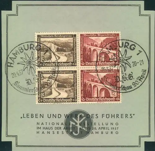 1937, kleines Sonderkärtchen Ausstellung "Leben und Werk des Führers" SSt HAMBURG