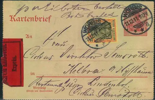 1911, 10 Pfg. Kartenbrief mit 25 Pfg. Germania als Eilbrief ab WORBIS