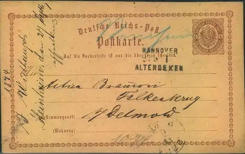 1872, bessere Bahnpost L3 "HANNOVER-ALTENBEKEN" mit handschrfitlicher Aufgabe au 1/2 GSK