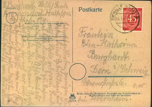 1947,  45 Pfg. Ziffer auf Auslandskarte ab "HALL (SAALE)" nach Bern