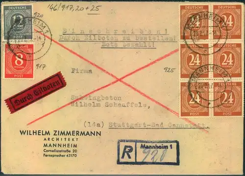 1947, R-Eilbrief mit Ziffernfrankatur und Notstempel "MANNHEIM"