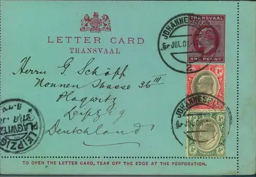 1903, card letter 1d Edward VII. with additional franking from "JOHANNESBURG" to Leipzig