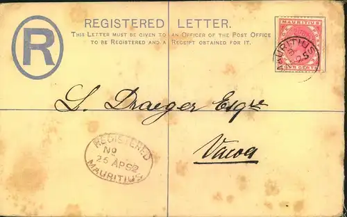 1892, 8 Cents registered stationery envelope with additional 4 Cents sent domestically from MAURITIUS to Vacoa