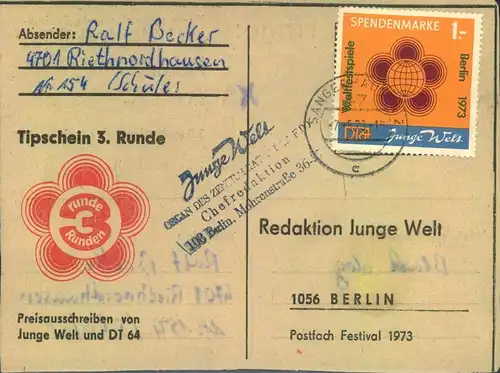 1972/1973, 1 Mark Spendenmarke gelb/magenta auf Karte an die "Junge Welt" entwertet "SANGERHAUSEN"