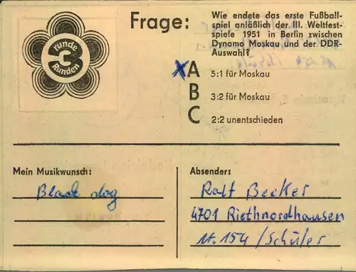 1972/1973, 1 Mark Spendenmarke gelb/magenta auf Karte an die "Junge Welt" entwertet "SANGERHAUSEN"