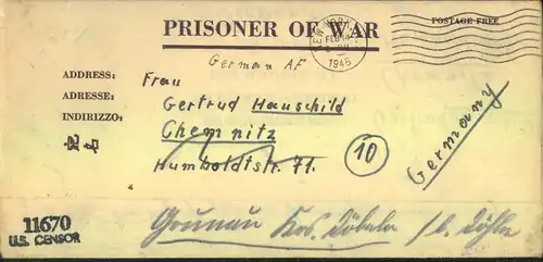 1945: Kriegsgefangenenbrief über NEW YORK FEB 14 1945 n. Chemnitz und Nachsendung. Ohne OKW-Zensur. Stummer Überroller.