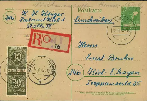 1948, 10 Pfg. Arbeiter GSK mit 2-mal 30 Pfg. Ziffer als Orts-R-Karte in KIEL, blanko