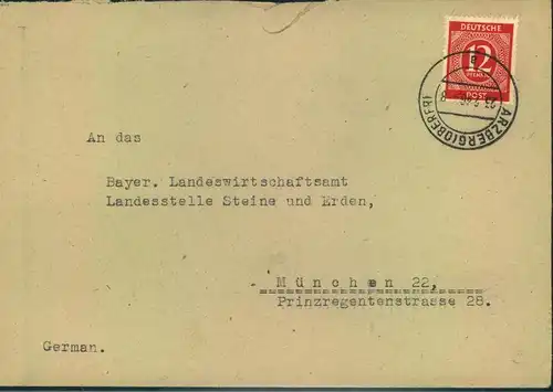 1946, Fernbrief mit 12 Pfg. Ziffer ab "ARZBERG (OBERFR.) 23.2.46", sog. Frühverwendung
