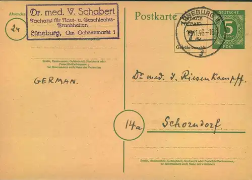 1946, 5 Pfg. GSK mit Zudruck "POSTGE PAID 7 Rpfg" bedarfsgebraucht ab "LÜNEBURG 1"