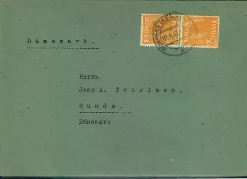 1948, 25 Pfg. Arbeiter, senkrechtes Paar auf Brief ab GOMMERN nach Dänemark