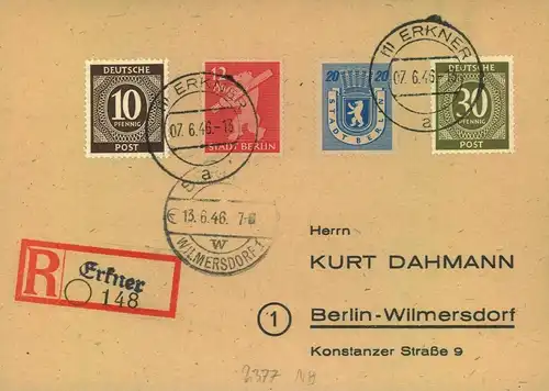 1946, Sammler-R-Karte mit MiF Bär und Ziffern ab "(1) ERKNER 07.6.46", Not-R-Zettel