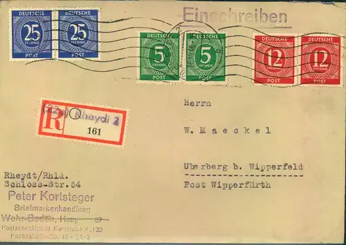 1946, R-Brief mit Rollstempel "RHEYDT 2" mit besserer Frankatur