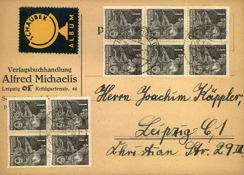 1955, Postkarte mit 10-mal 1 Pfg. 5-Jahresplan II ab LEIPZIG. Attraktives Stück