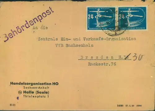 1950, 24 Pfg. Wintersport 2-mal auf Behördenpost 2. Gewichtsstufe, seltene Verwendung