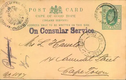1902,  1/2 Penny stat. card within CAPETOWN "PASSED BY CENSOR", sender German Generalconsulate -Boerwar