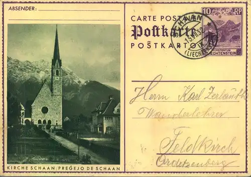 1932, 10 Rappen Bildganzsasche (Kirche Schaan) ab SCHAAN 15.VII.32 im Nahtarif nach Feldkirch, Österreich