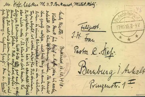 1918, "Deutsche Fedlpost", Postkarte geschrieben in Bukarest