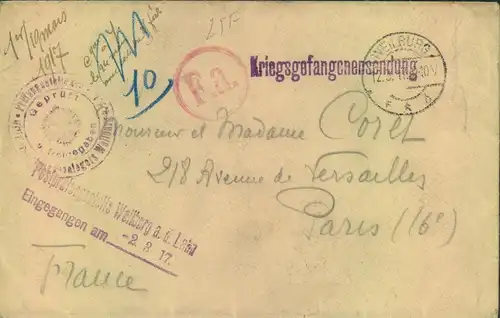 1917, Kriegsgefangenenbrief mit Zensur und diversen Vermerken ab WEILBURG nach Paris