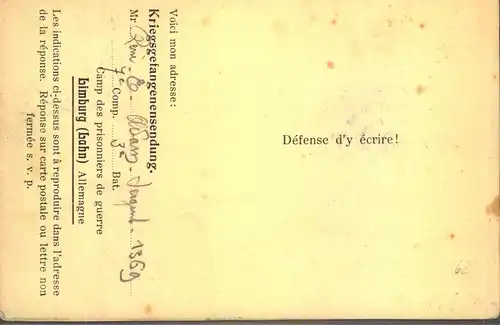 1916, Vordruck Faltbrief "Kriegsgefangenensendung" aus dem Lager LIMBURG mit Lagerzensur