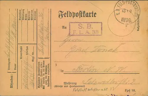 1916, Feldpostkarte "K.D. FELD-POSTSTATION No. 36" - Feldluftschiffer Abt. 33