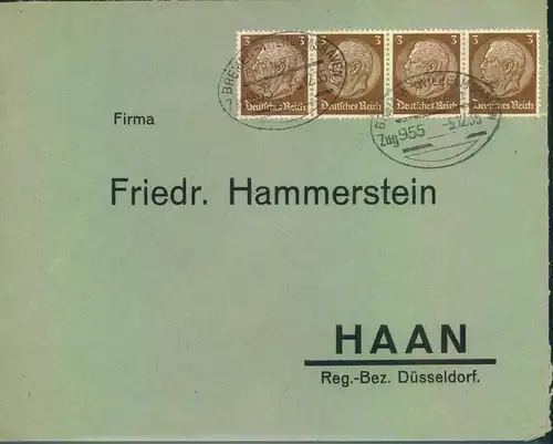 1935, Viererstreifen 3 Pfg. Hindenburg auf Firmenbrief mit Bahnpost "BREMEN-WILHELMSHAVEN"