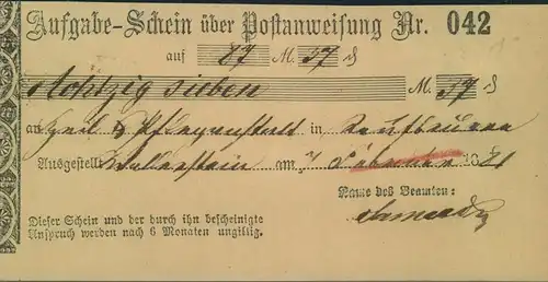 1881, Aufgabeschein für eine Postanweisung von WALLENSTEIN