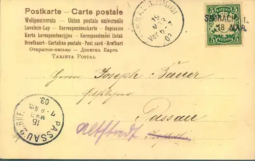 1903, "SIMBACH auf Postkarte nach Passau