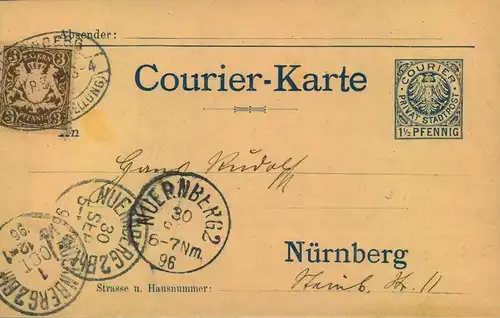 1896, Courier-Karte frankiert mit 3 Pfg. Wappen per Bayer. Post innerhaltb Nürnberg befördert.