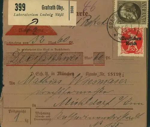 1920, Selbstbucher-Paketkarte ab "GRAFRATH, 30.APR. 20" mit MiF Bayern/Deutsches Reich