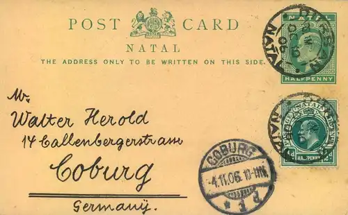 1906, INCOMING MAIL, Ganzsachenkarte aus DURBAN NATAL" nach Coburg