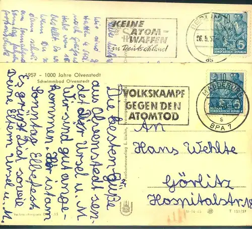 1957/1958, zwei Postkarten mit Anti-Atom-Stempeln von Magdeburg und Berlin