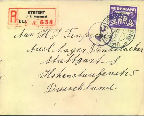 1943, registered letter from UTRECHT to foreigner camp at DINKELACKER BREWERY, Stuttgart