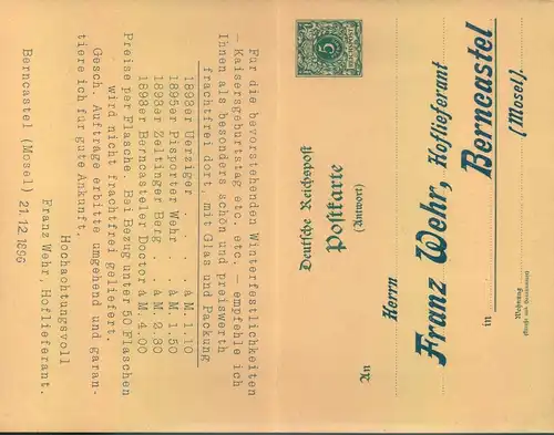 1896, 5 Pfg. Doppelkarte mit privatem Zudruck "Franz Wehr, Berncastel, Frageteil gelaufen