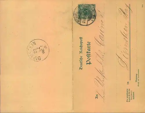 1896, 5 Pfg. Doppelkarte mit privatem Zudruck "Franz Wehr, Berncastel, Frageteil gelaufen